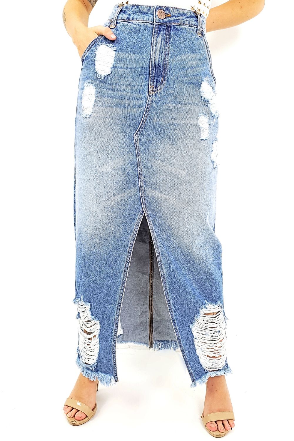 saia longa jeans com cropped