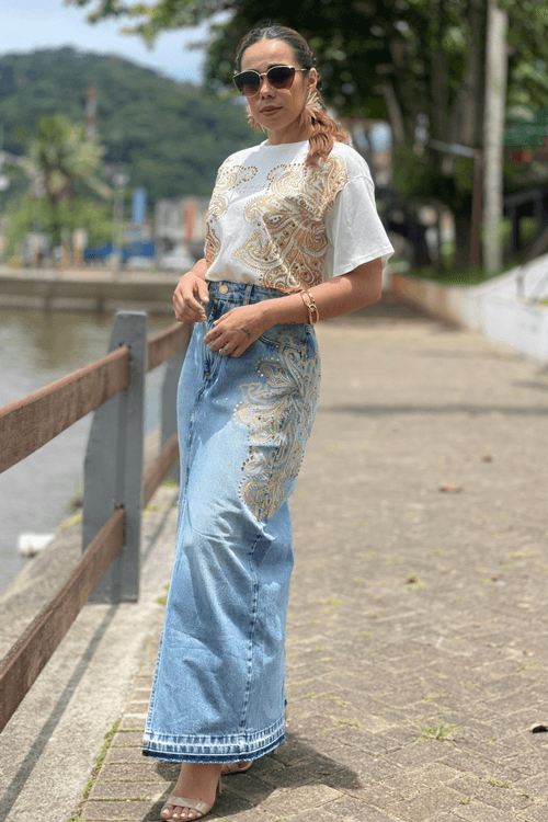 Saia jeans bordada 2025
