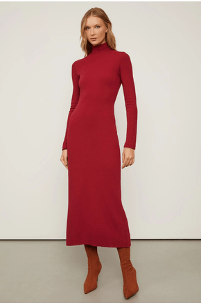 Vestido-De-Malha-Crepe-Marrom-Midi-Manga-Longa-Com-Fenda-Animale---M